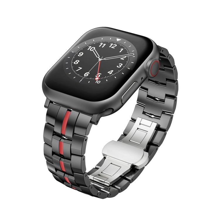 For Apple Watch 38mm Butterfly Buckle 5-Beads Metal Watch Band(Black Red)