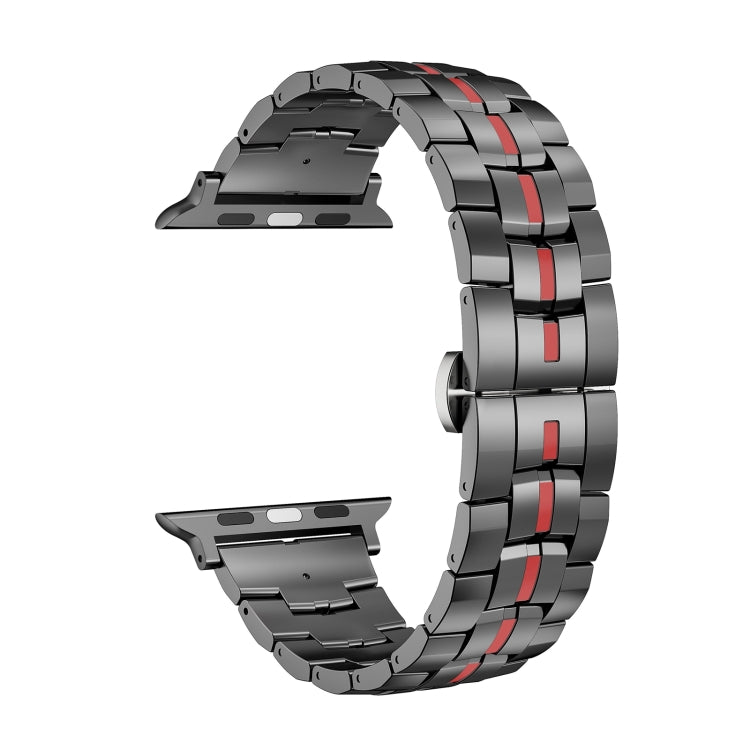 For Apple Watch 38mm Butterfly Buckle 5-Beads Metal Watch Band(Black Red)