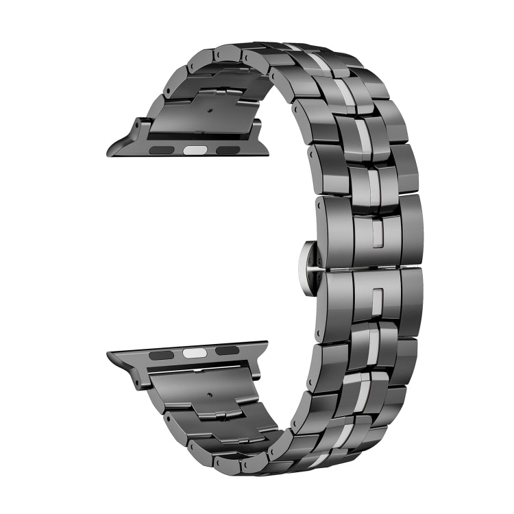 For Apple Watch 38mm Butterfly Buckle 5-Beads Metal Watch Band(Black Silver)