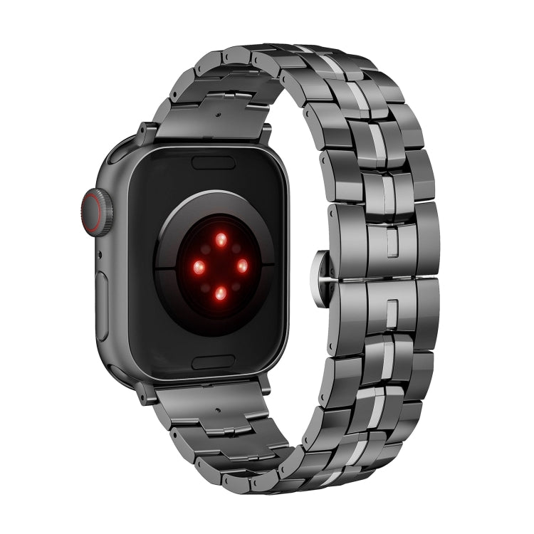 For Apple Watch 38mm Butterfly Buckle 5-Beads Metal Watch Band(Black Silver)