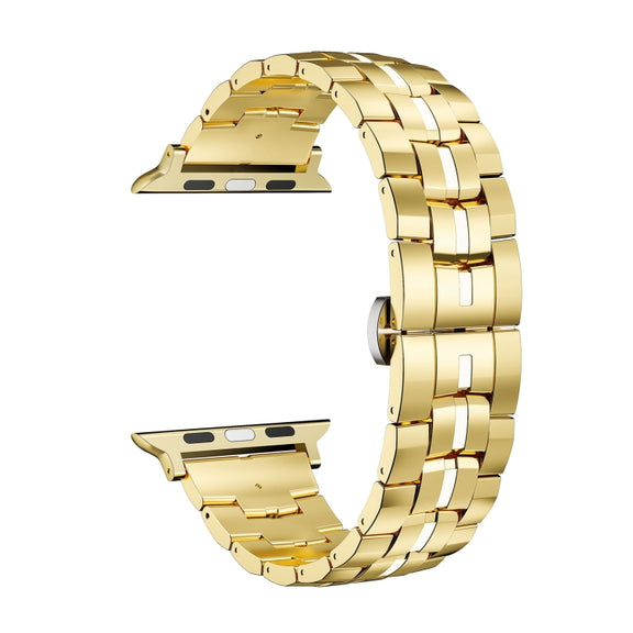 For Apple Watch 38mm Butterfly Buckle 5-Beads Metal Watch Band(Gold White)
