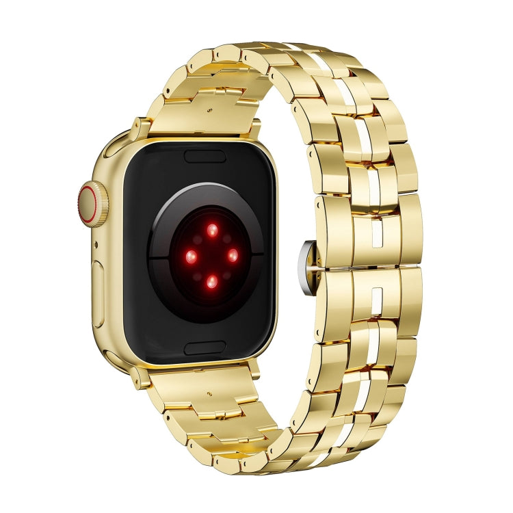 For Apple Watch 38mm Butterfly Buckle 5-Beads Metal Watch Band(Gold White)