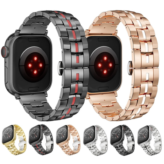 For Apple Watch 42mm Butterfly Buckle 5-Beads Metal Watch Band(Black Silver)