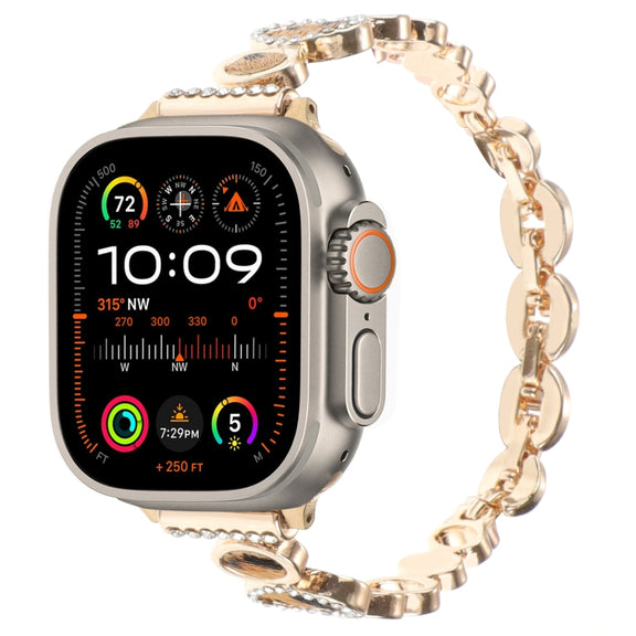 For Apple Watch Ultra 49mm Leopard Rhinestones Metal Chain Watch Band(Gold)