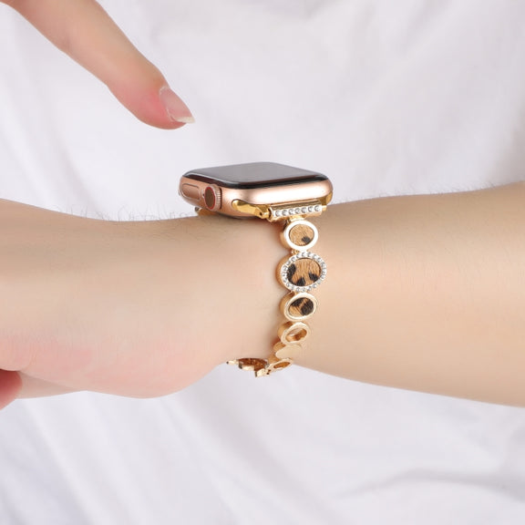 For Apple Watch Series 7 45mm Leopard Rhinestones Metal Chain Watch Band(Gold)