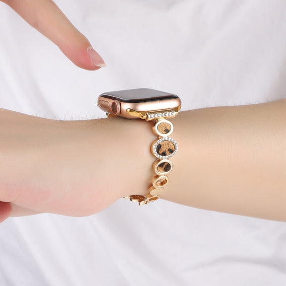 For Apple Watch SE 40mm Leopard Rhinestones Metal Chain Watch Band(Gold)