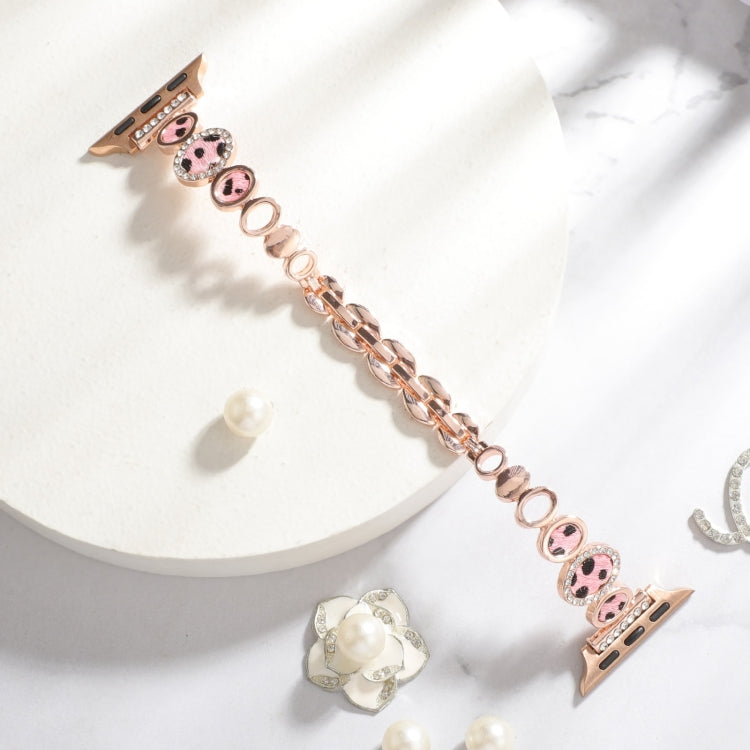 For Apple Watch Series 4 44mm Leopard Rhinestones Metal Chain Watch Band(Rose Gold)