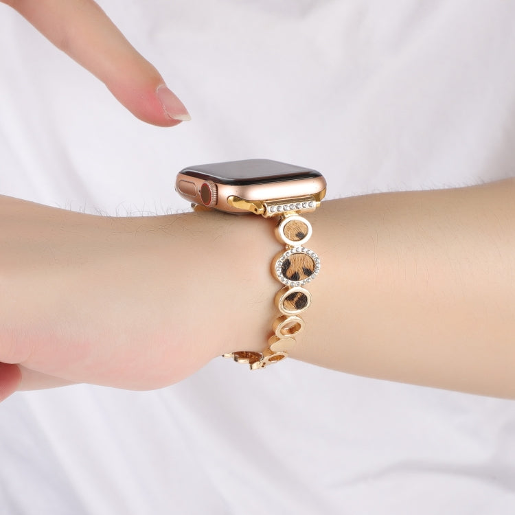 For Apple Watch Series 2 42mm Leopard Rhinestones Metal Chain Watch Band(Gold)