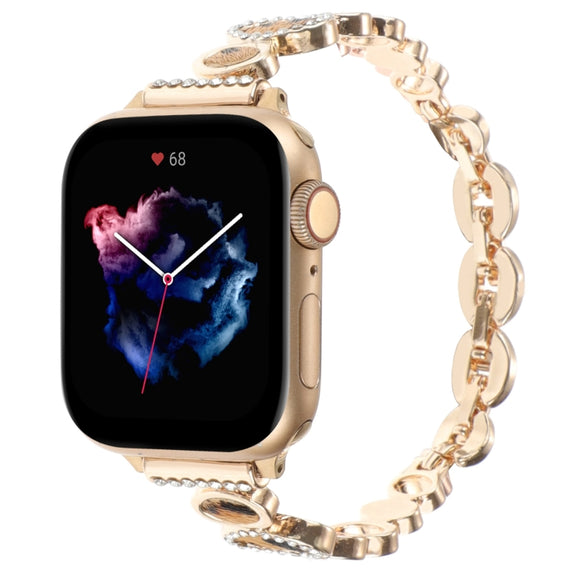 For Apple Watch 42mm Leopard Rhinestones Metal Chain Watch Band(Gold)