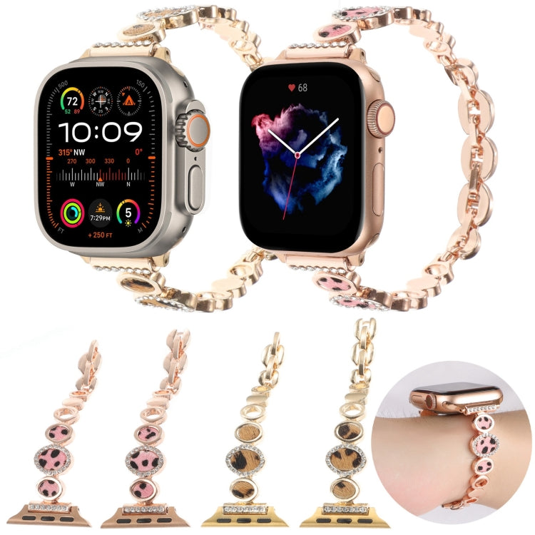 For Apple Watch 42mm Leopard Rhinestones Metal Chain Watch Band(Rose Gold)