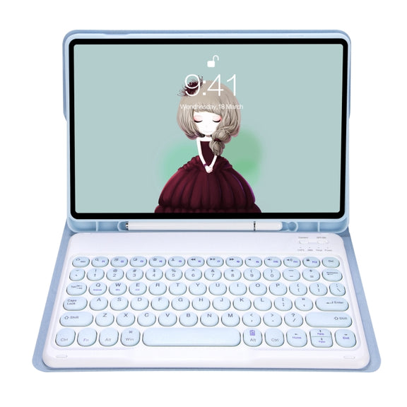 For Samsung Galaxy Tab S10 FE / S9 FE / S9 Candy Color TPU Round Keycap Bluetooth Keyboard Leather Case with Pen Slot(Ice Blue)