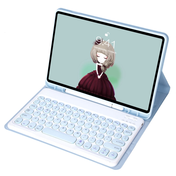 For Samsung Galaxy Tab S10 FE / S9 FE / S9 Candy Color TPU Round Keycap Bluetooth Keyboard Leather Case with Pen Slot(Ice Blue)