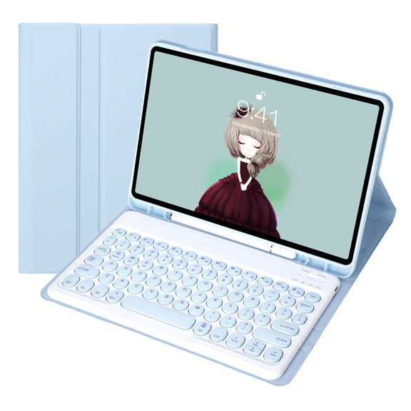 For Samsung Galaxy Tab S10 FE / S9 FE / S9 Candy Color TPU Round Keycap Bluetooth Keyboard Leather Case with Pen Slot(Ice Blue)