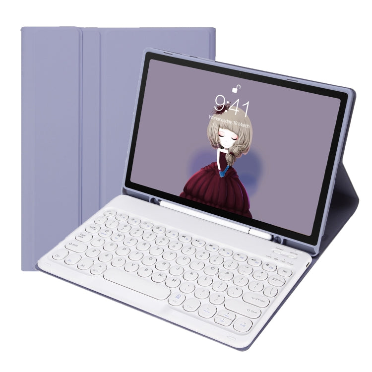 For Samsung Galaxy Tab S10 FE / S9 FE / S9 Candy Color TPU Round Keycap Bluetooth Keyboard Leather Case with Pen Slot(Purple)