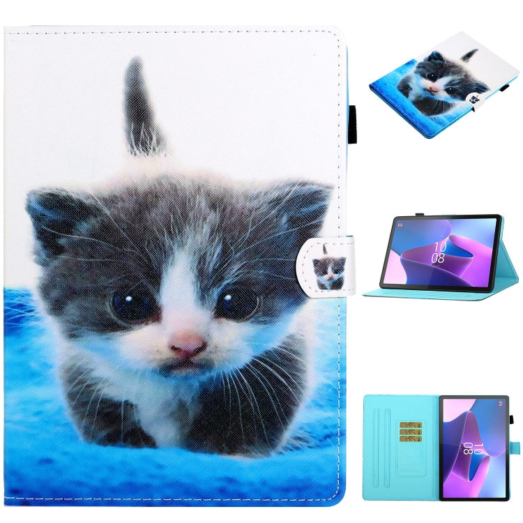 For Lenovo Tab P12 2023 / TB370FU Coloured Drawing Stitching Smart Leather Tablet Case(Blue White Cat)