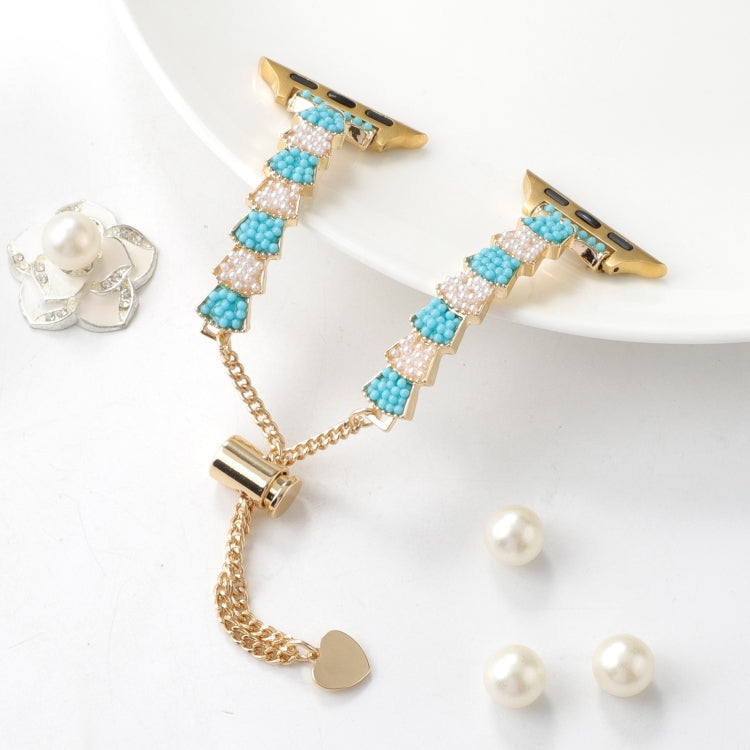For Apple Watch SE 2023 44mm Shell Beads Chain Bracelet Metal Watch Band(Blue White Gold)