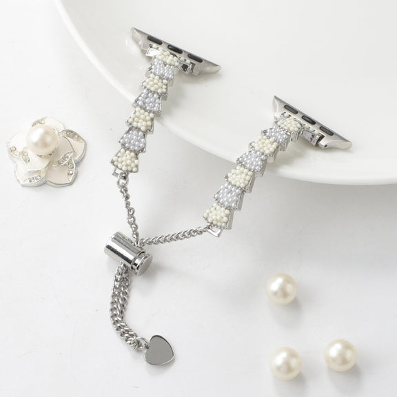 For Apple Watch Series 3 38mm Shell Beads Chain Bracelet Metal Watch Band(Beige White Silver)