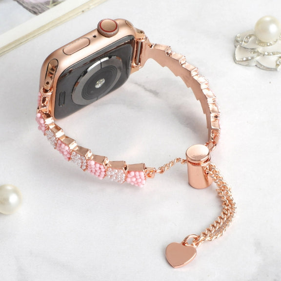 For Apple Watch 42mm Shell Beads Chain Bracelet Metal Watch Band(Pink White Rose Gold)