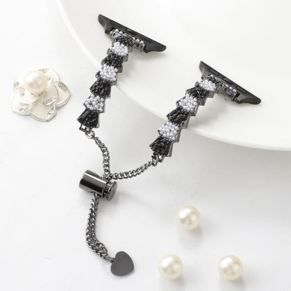 For Apple Watch 38mm Shell Beads Chain Bracelet Metal Watch Band(Black White)
