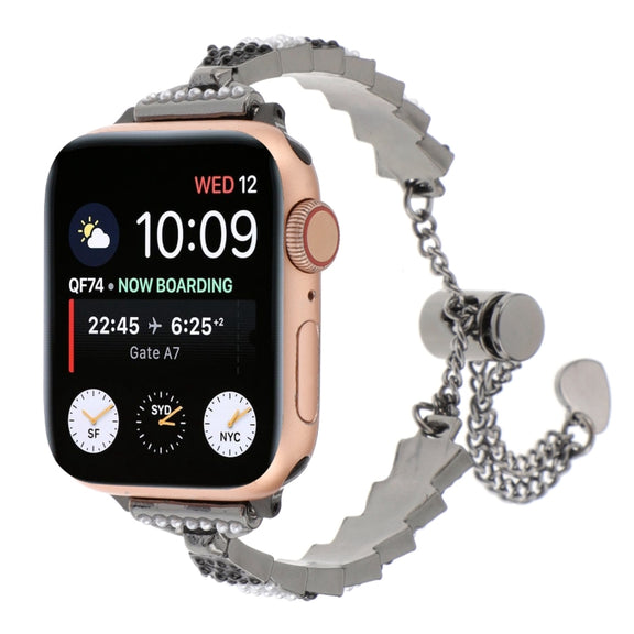 For Apple Watch 38mm Shell Beads Chain Bracelet Metal Watch Band(Black White)