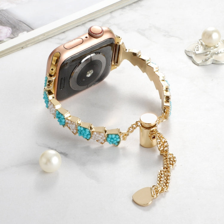For Apple Watch 38mm Shell Beads Chain Bracelet Metal Watch Band(Blue White Gold)