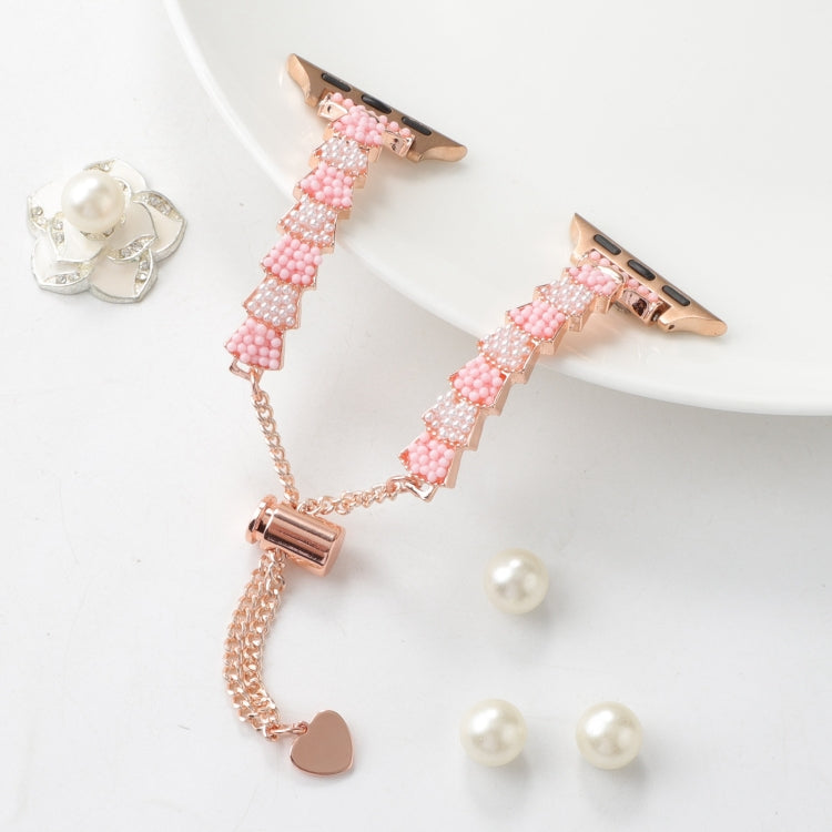 For Apple Watch 38mm Shell Beads Chain Bracelet Metal Watch Band(Pink White Rose Gold)