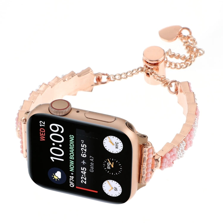 For Apple Watch 38mm Shell Beads Chain Bracelet Metal Watch Band(Pink White Rose Gold)