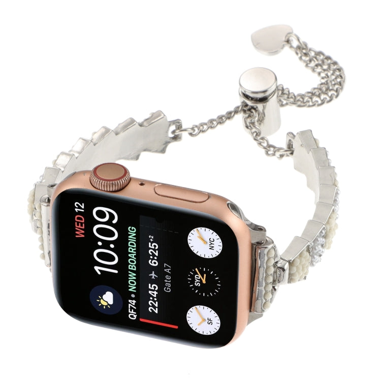 For Apple Watch 38mm Shell Beads Chain Bracelet Metal Watch Band(Beige White Silver)