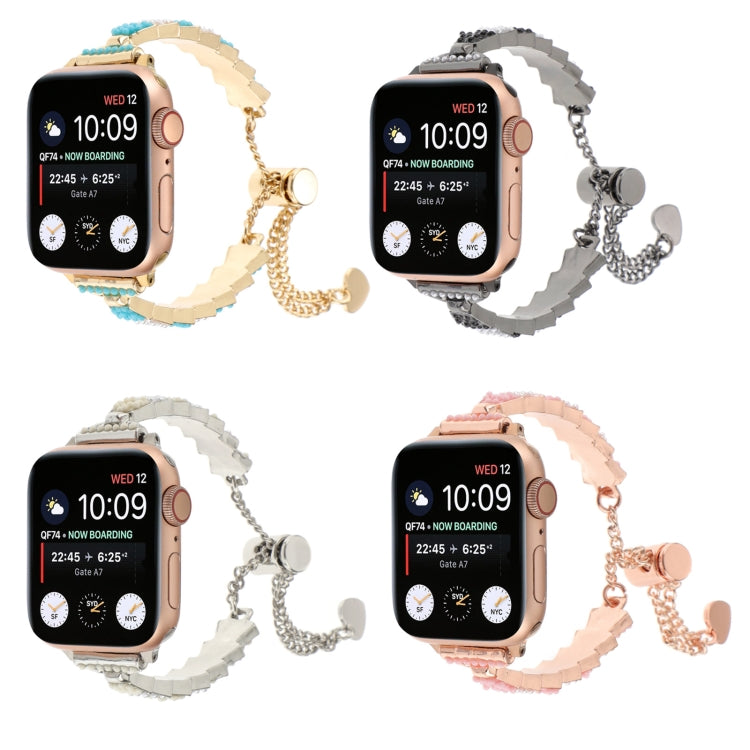 For Apple Watch 42mm Shell Beads Chain Bracelet Metal Watch Band(Beige White Silver)