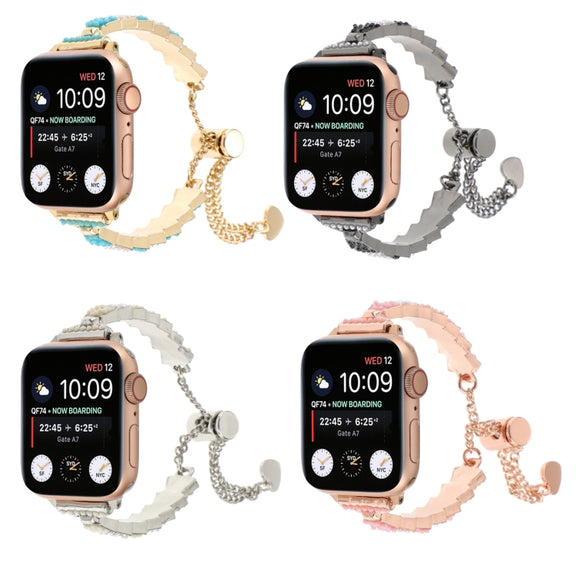 For Apple Watch SE 40mm Shell Beads Chain Bracelet Metal Watch Band(Beige White Silver)