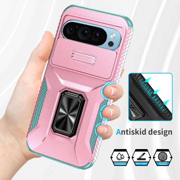 For Google Pixel 9 / Pixel 9 Pro Sliding Camshield Holder Phone Case(Pink + Grey Green)