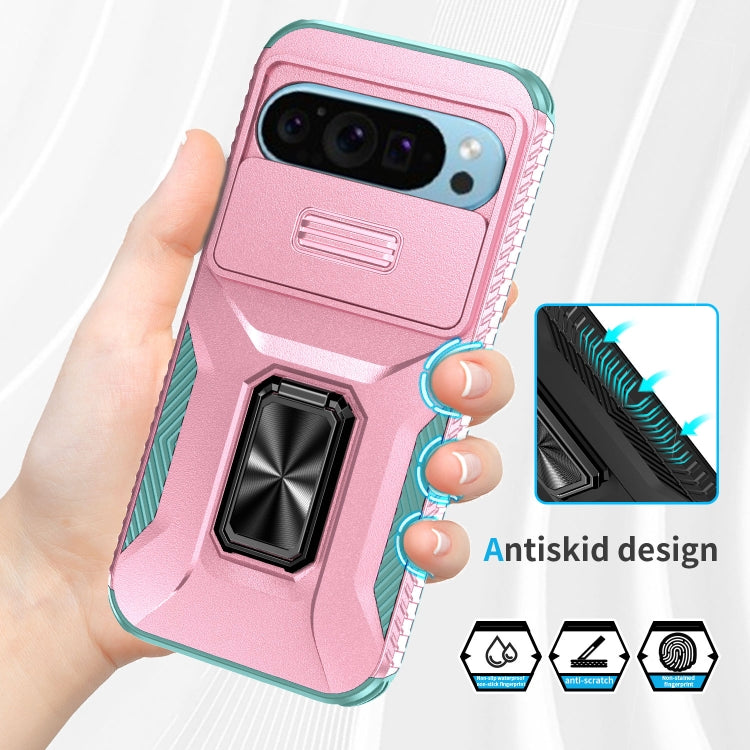 For Google Pixel 9 / Pixel 9 Pro Sliding Camshield Holder Phone Case(Pink + Grey Green)