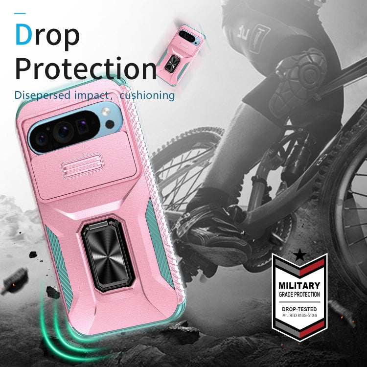 For Google Pixel 9 / Pixel 9 Pro Sliding Camshield Holder Phone Case(Pink + Grey Green)