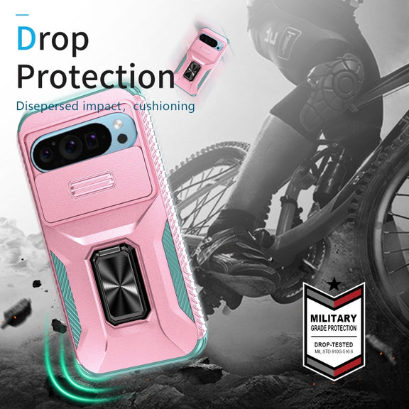 For Google Pixel 9 / Pixel 9 Pro Sliding Camshield Holder Phone Case(Pink + Grey Green)