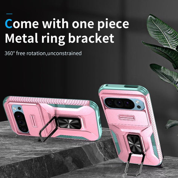 For Google Pixel 9 / Pixel 9 Pro Sliding Camshield Holder Phone Case(Pink + Grey Green)