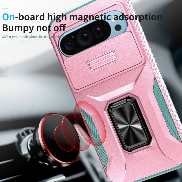 For Google Pixel 9 / Pixel 9 Pro Sliding Camshield Holder Phone Case(Pink + Grey Green)