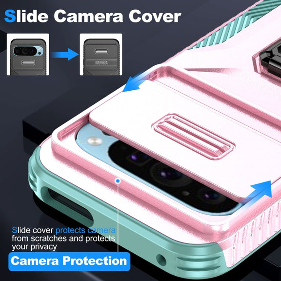 For Google Pixel 9 / Pixel 9 Pro Sliding Camshield Holder Phone Case(Pink + Grey Green)