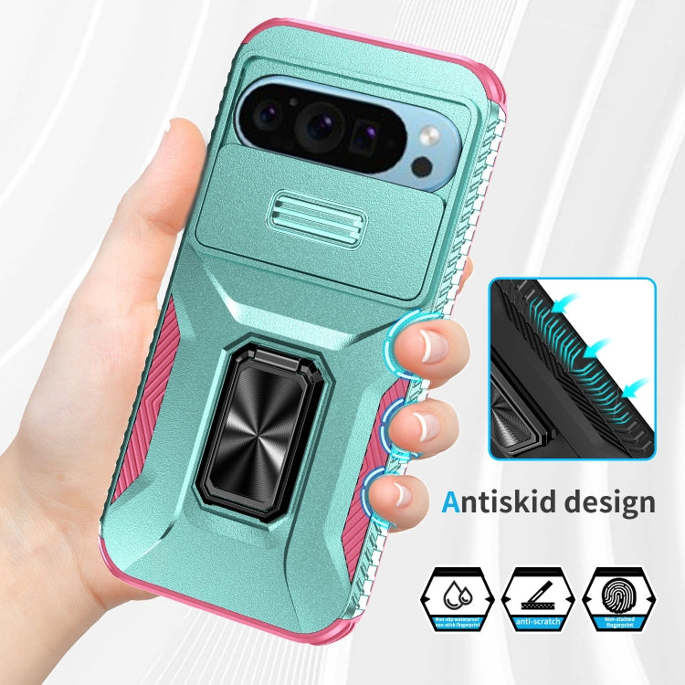 For Google Pixel 9 / Pixel 9 Pro Sliding Camshield Holder Phone Case(Grey Green + Pink)