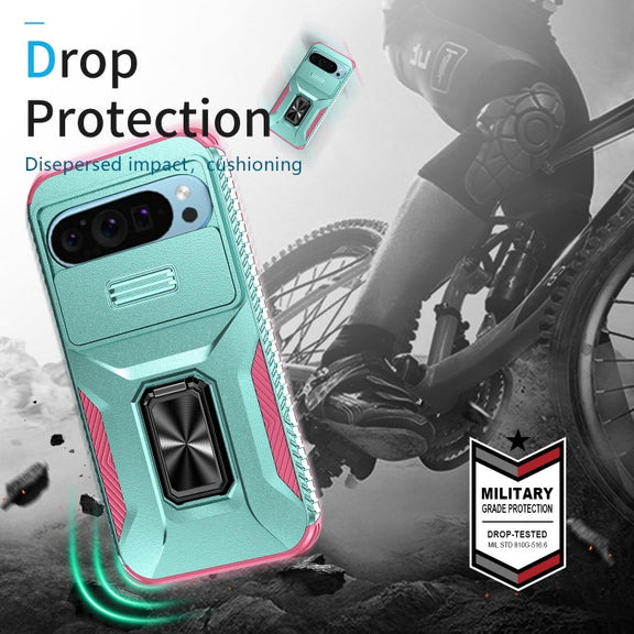 For Google Pixel 9 / Pixel 9 Pro Sliding Camshield Holder Phone Case(Grey Green + Pink)