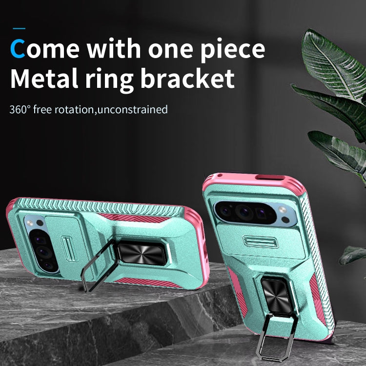 For Google Pixel 9 / Pixel 9 Pro Sliding Camshield Holder Phone Case(Grey Green + Pink)