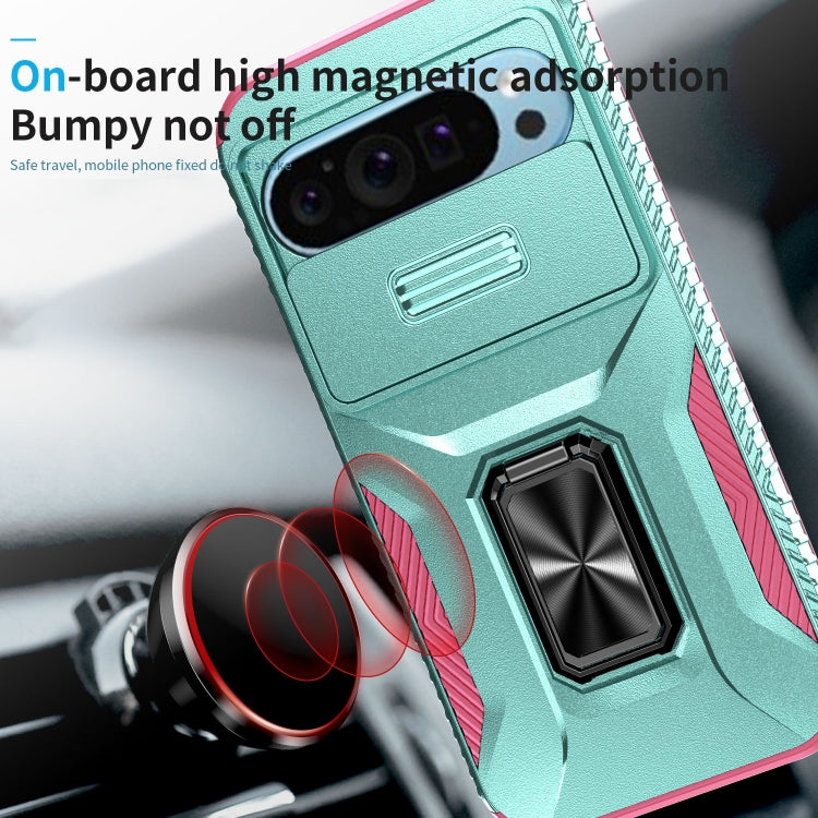 For Google Pixel 9 / Pixel 9 Pro Sliding Camshield Holder Phone Case(Grey Green + Pink)