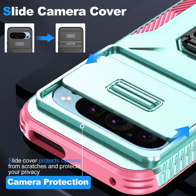For Google Pixel 9 / Pixel 9 Pro Sliding Camshield Holder Phone Case(Grey Green + Pink)