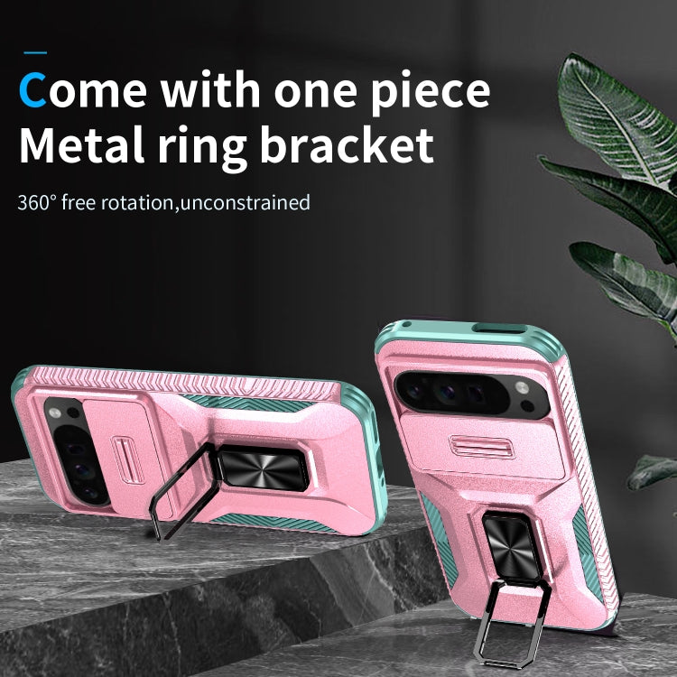 For Google Pixel 9 Pro XL Sliding Camshield Holder Phone Case(Pink + Grey Green)