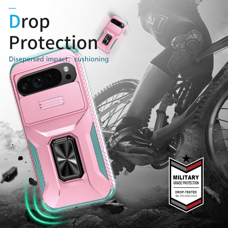 For Google Pixel 9 Pro XL Sliding Camshield Holder Phone Case(Pink + Grey Green)