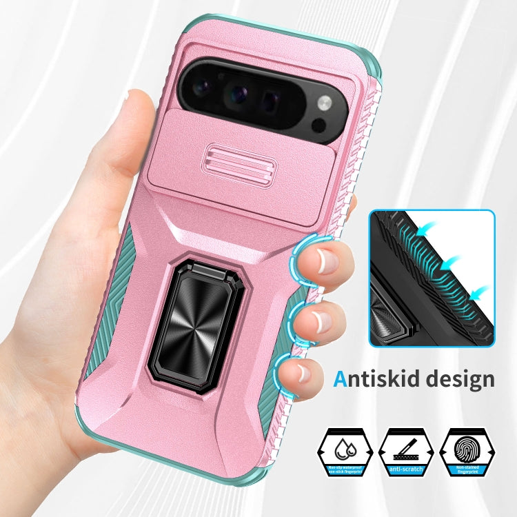 For Google Pixel 9 Pro XL Sliding Camshield Holder Phone Case(Pink + Grey Green)