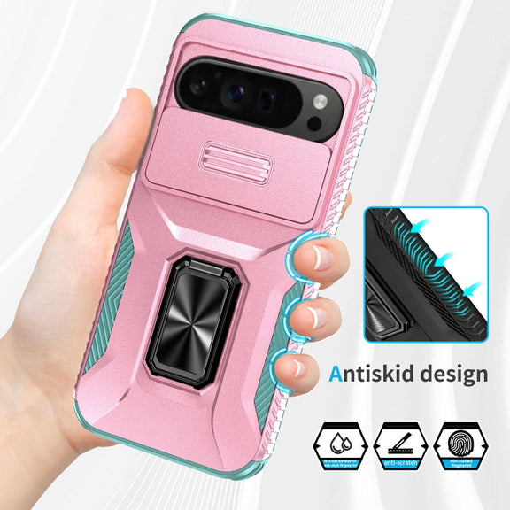 For Google Pixel 9 Pro XL Sliding Camshield Holder Phone Case(Pink + Grey Green)