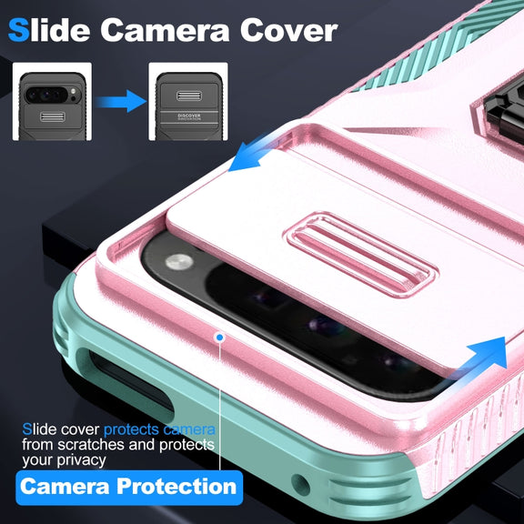 For Google Pixel 9 Pro XL Sliding Camshield Holder Phone Case(Pink + Grey Green)