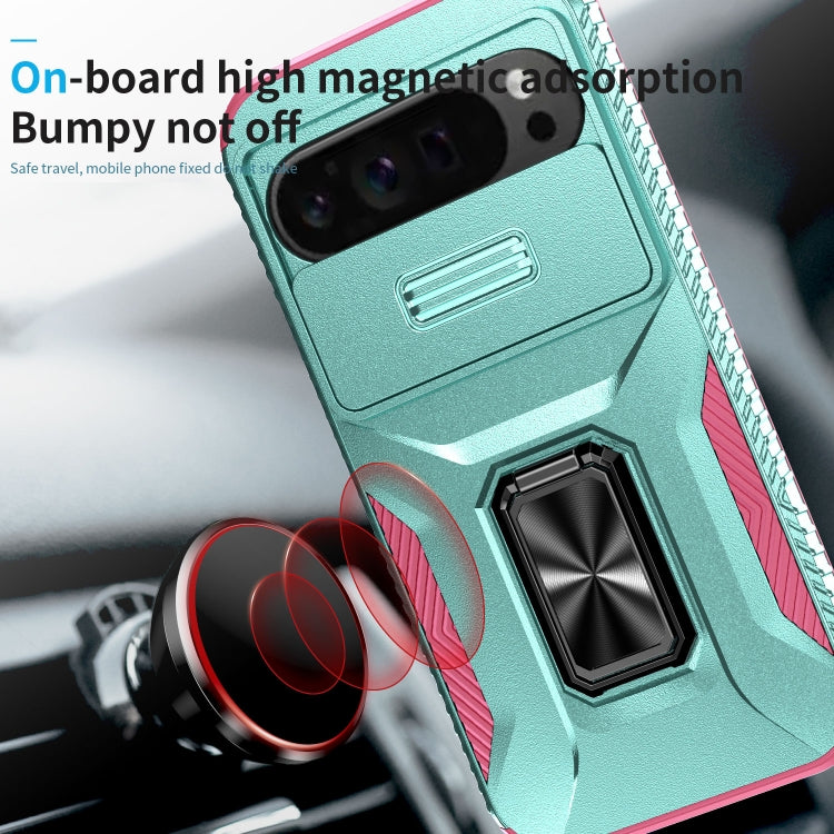 For Google Pixel 9 Pro XL Sliding Camshield Holder Phone Case(Grey Green + Pink)