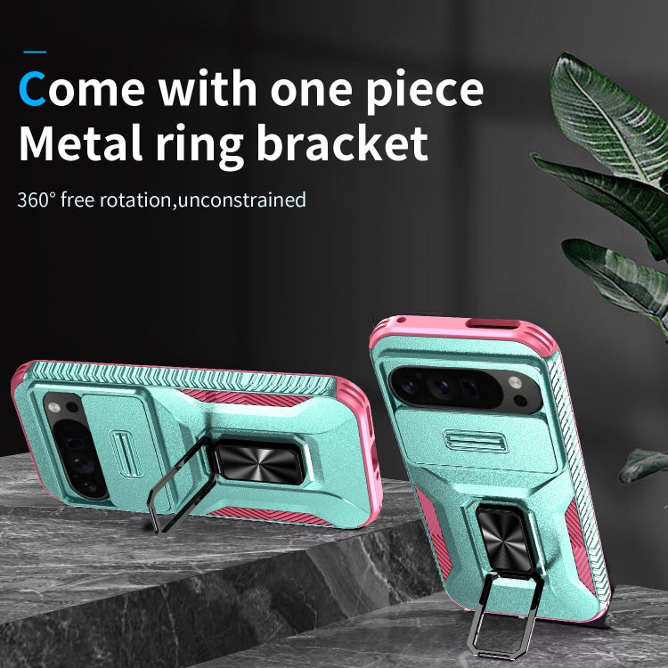 For Google Pixel 9 Pro XL Sliding Camshield Holder Phone Case(Grey Green + Pink)