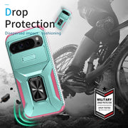For Google Pixel 9 Pro XL Sliding Camshield Holder Phone Case(Grey Green + Pink)